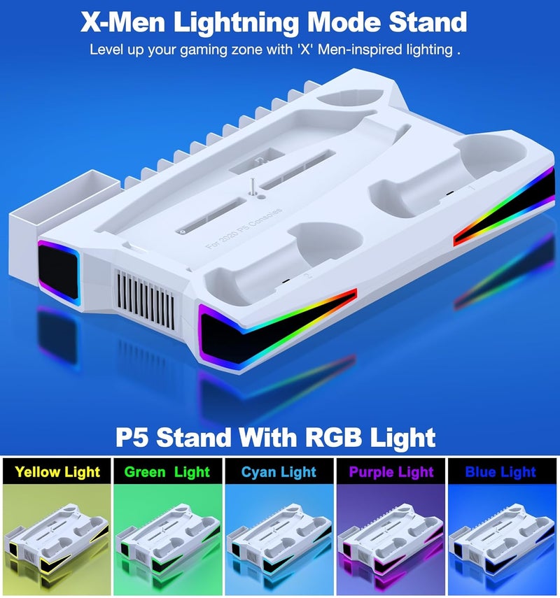 Kawaye حامل PS5 محطة تبريد PS5 لجهاز بلاي ستيشن 5/برو/سليم، ملحقات PS5 حامل عمودي مع مروحة تبريد كبيرة 2.36 بوصة، ضوء RGB، شاحن مزدوج لوحدات التحكم، حامل سماعة رأس، 3 منافذ شحن - Image 3